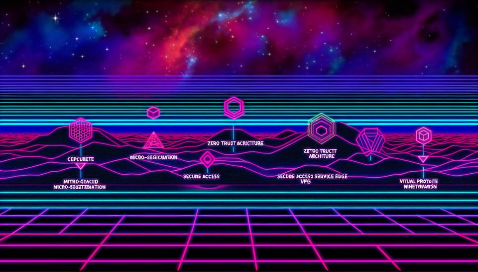 An image of a digital landscape with various cybersecurity symbols and elements representing advanced security measures like Zero Trust Architecture,-1