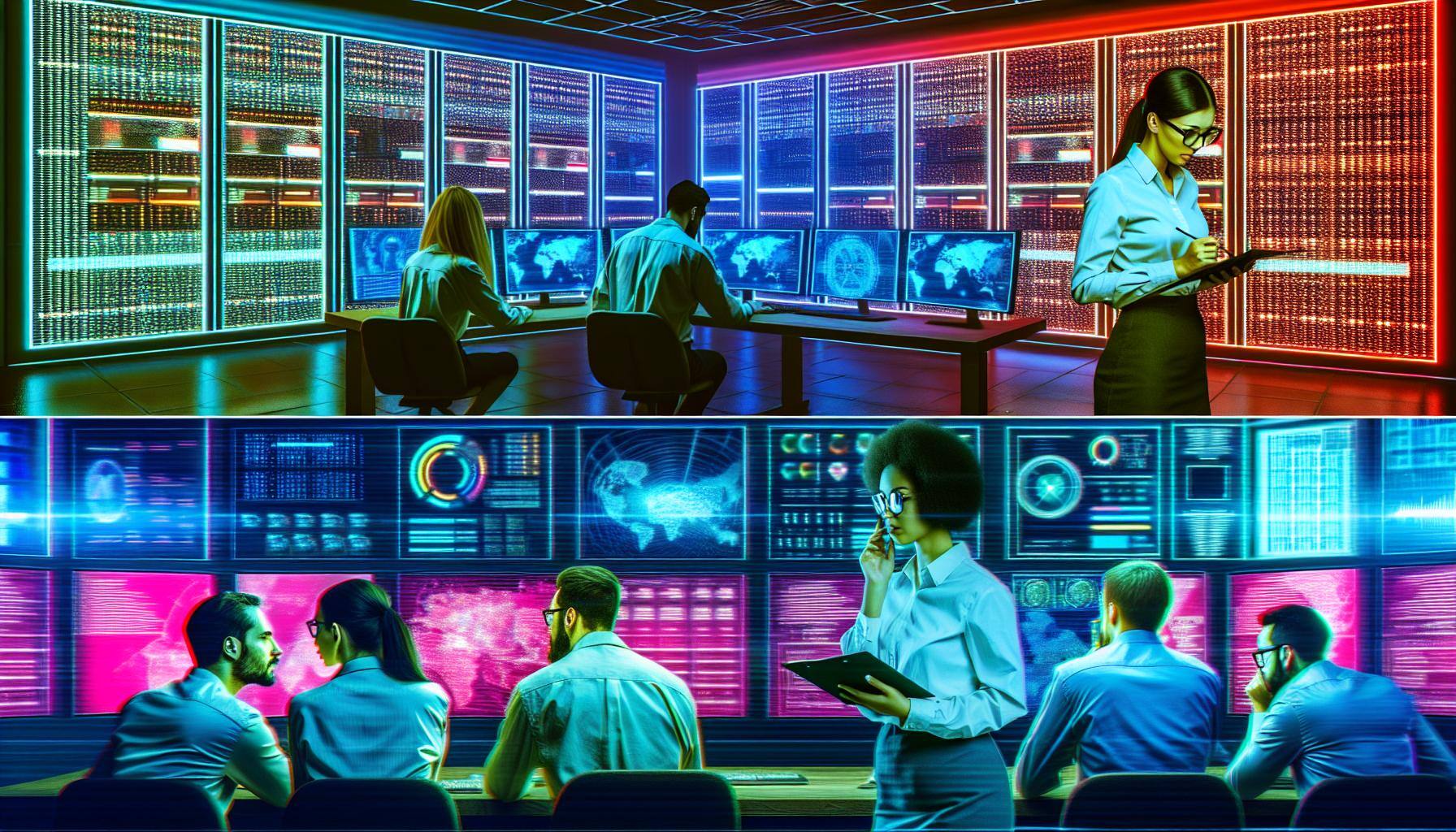 An image of a futuristic network operations center with multiple screens displaying network data and a team of experts monitoring and managing the net-4