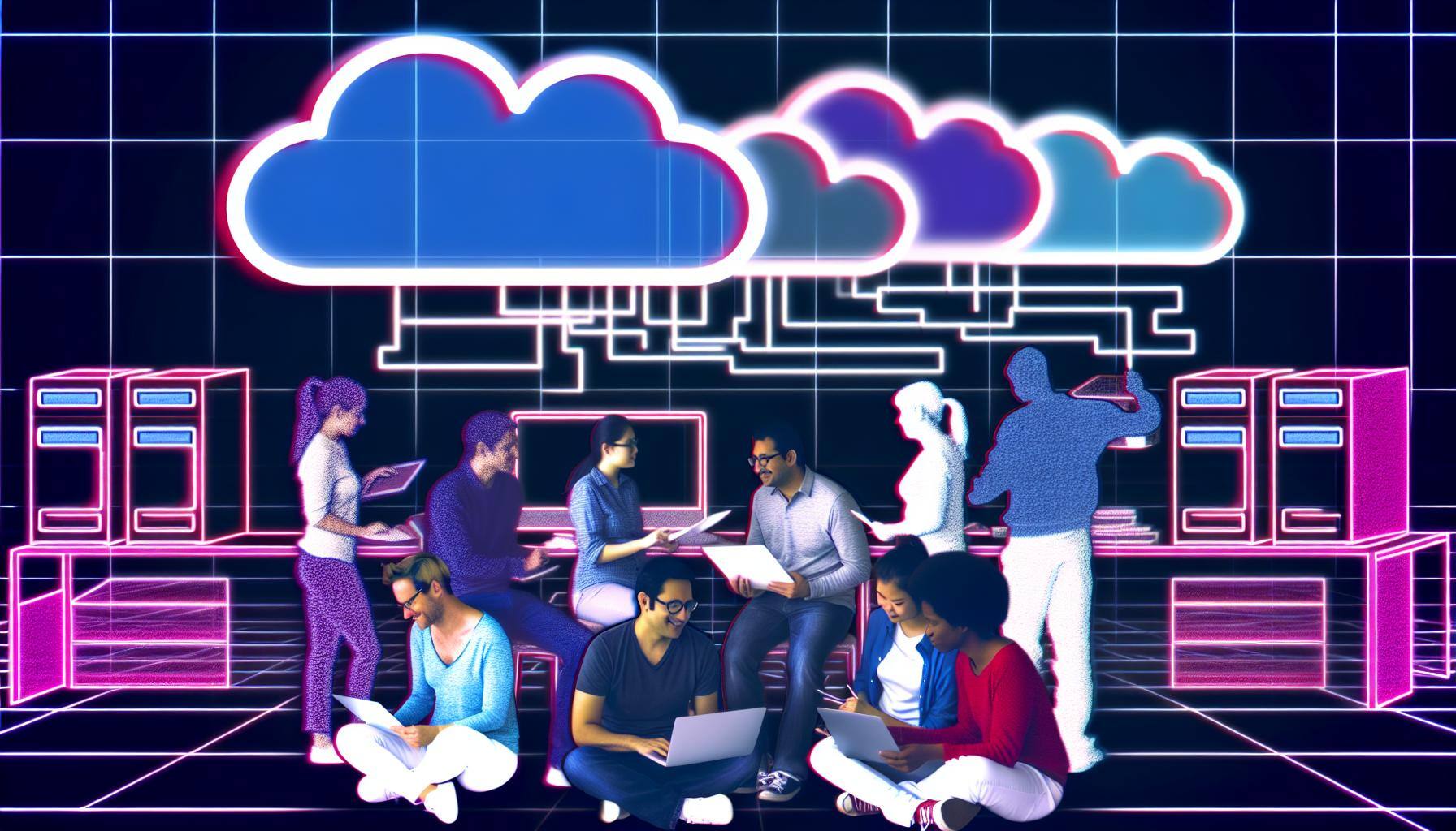 An image of a team working on developing and deploying cloudnative applications, with engineers and architects collaborating on designing and building