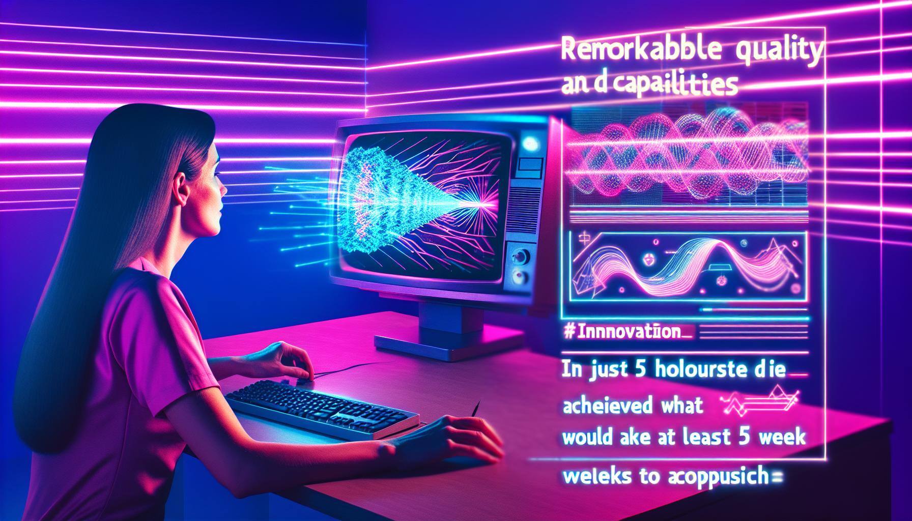 The image is of a white woman using a computer with various graphs and data analytics displayed on the screen-1