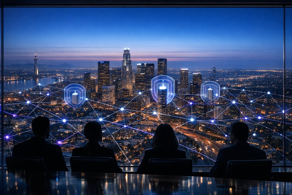 Blue Hour Cityscape From Executive Boardroom
