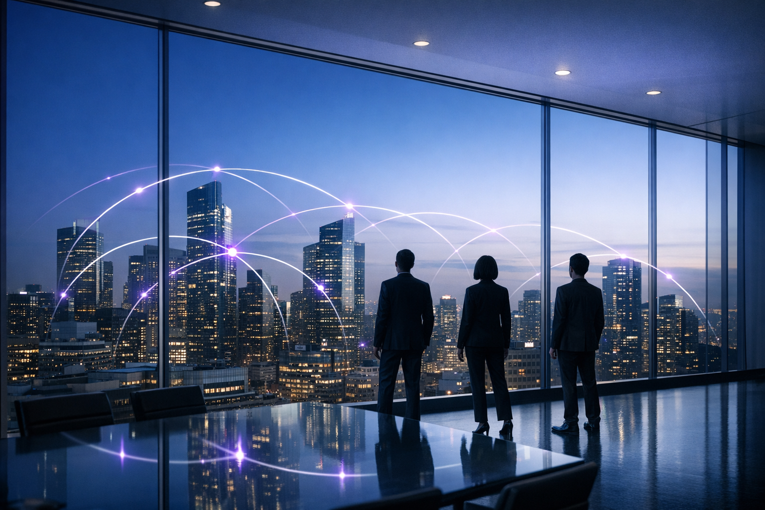 Glasswalled Boardroom Dusk Cityscape Executives Observing Skyline