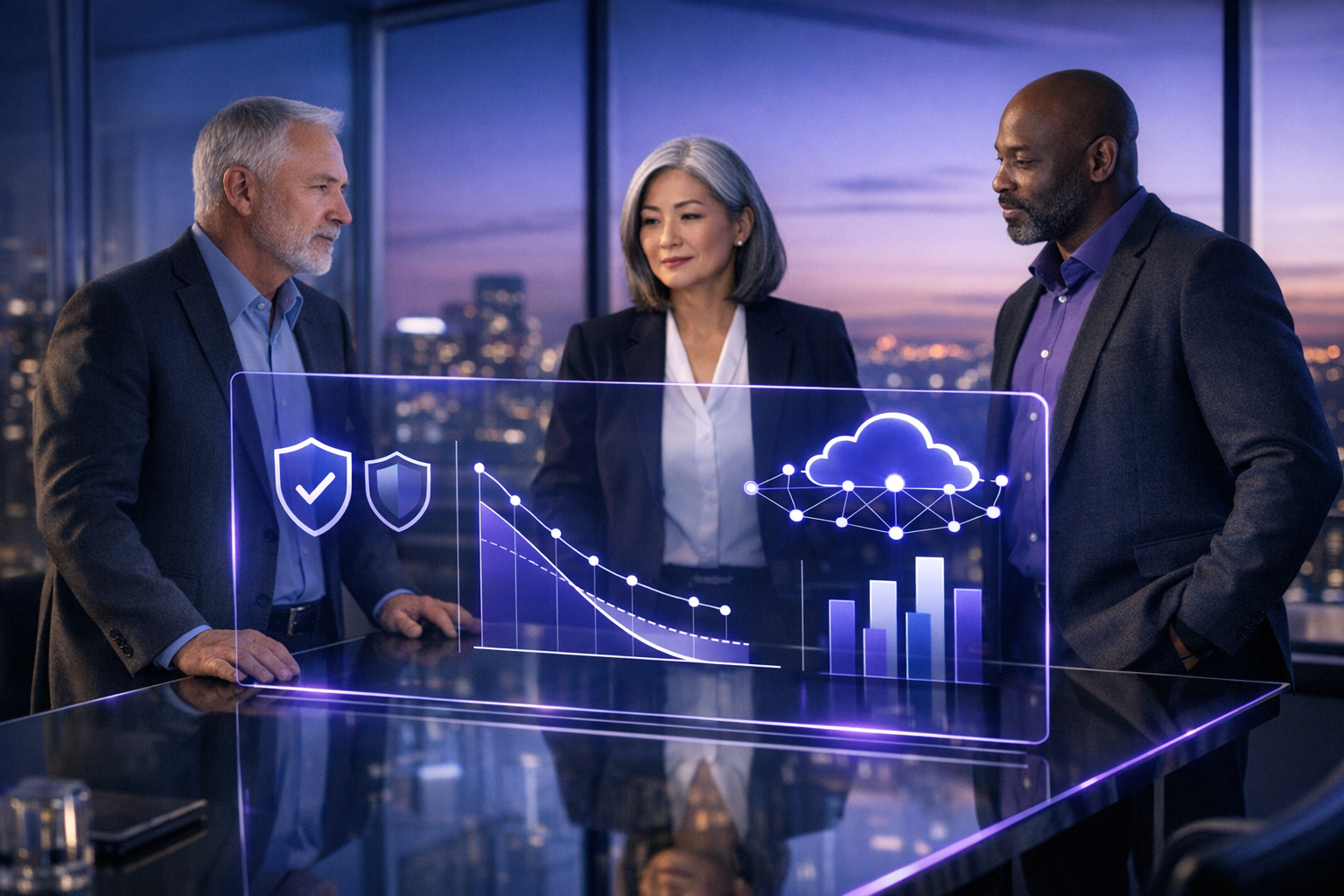 SeniorItDecisionMakersArDashboardObservingCityscape