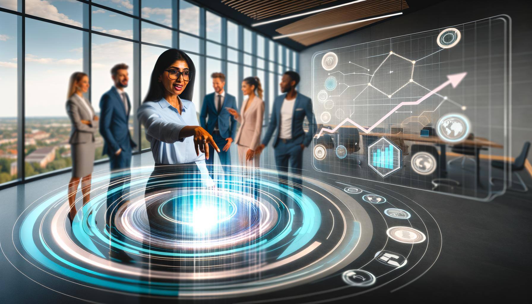 The image captures a contemporary, high-tech office setting brimming with career professionals coming together around a holographic display which proj