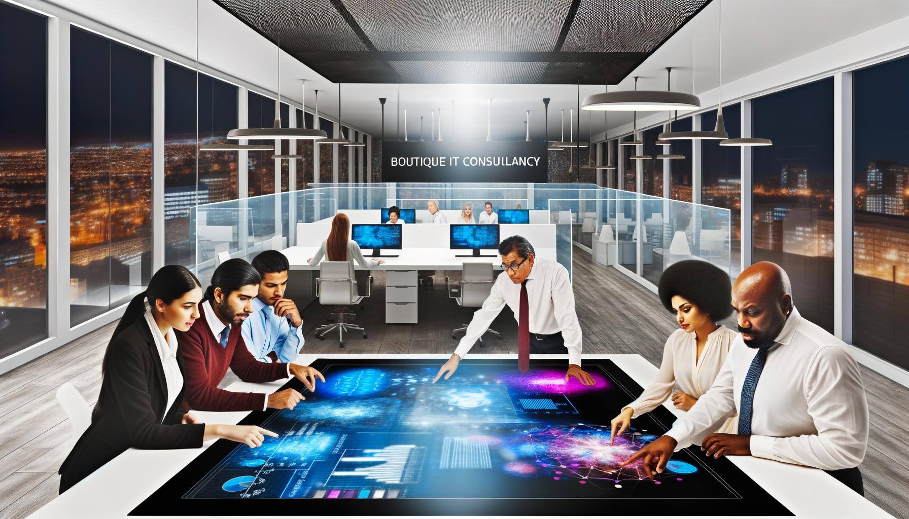 Show an image of a modern, brightly illuminated office space dominated by the presence of a large high-tech touchscreen table. Around the table are a 