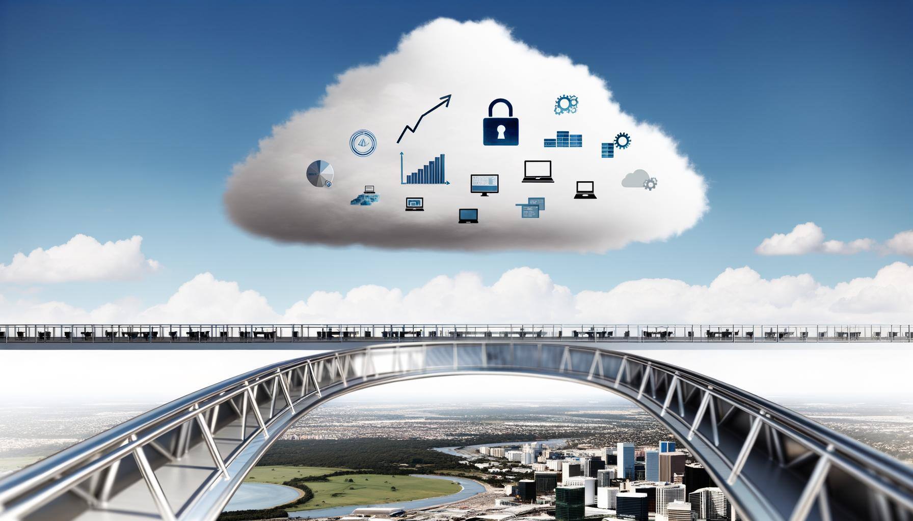 Visualize a large, fluffy cloud floating in a clear, blue sky. Underneath the cloud, a sleek, futuristic silver bridge spans from the left to the righ