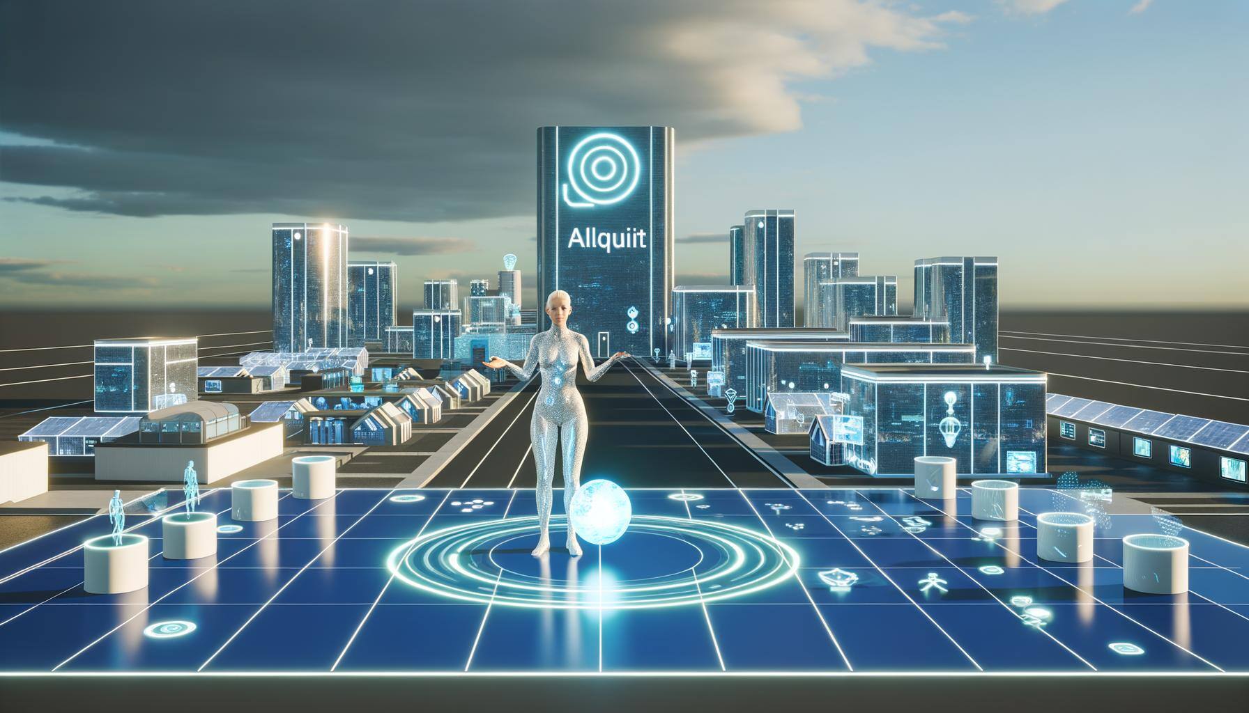 Depict a futuristic cityscape with sleek, architecturally advanced buildings under a clear sky. The scene should prominently show a glowing signboard 