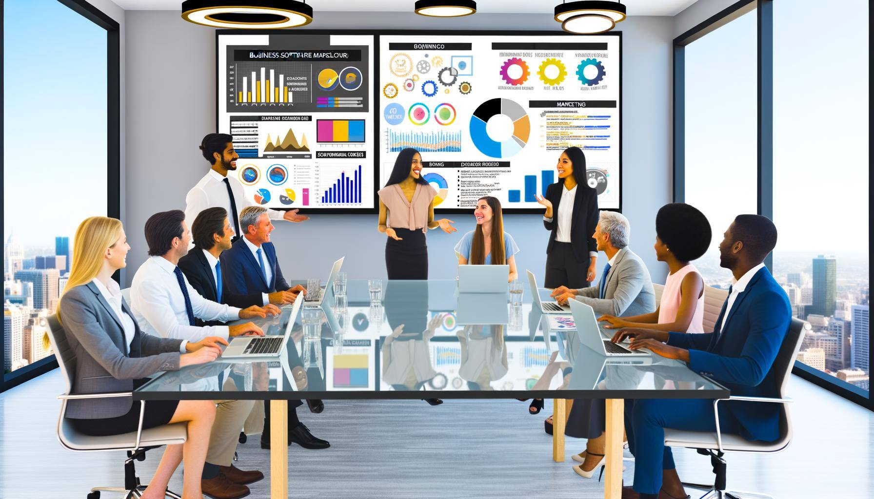 Create an image of a contemporary, light-filled office setting. In the center, a group of business professionals of different descents, such as Caucas