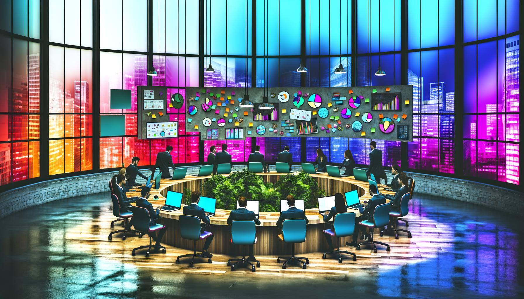 The scene depicts a modern office setting draped with a plethora of vivid tones. Foregrounded is a multifaceted cluster of professionals, engrossed in