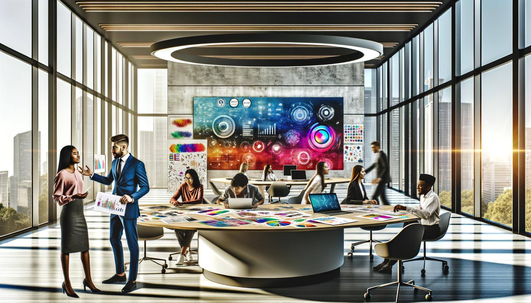 The image showcases a modern office space filled with an assortment of team members. A South Asian woman and a Caucasian man are collaborating around 