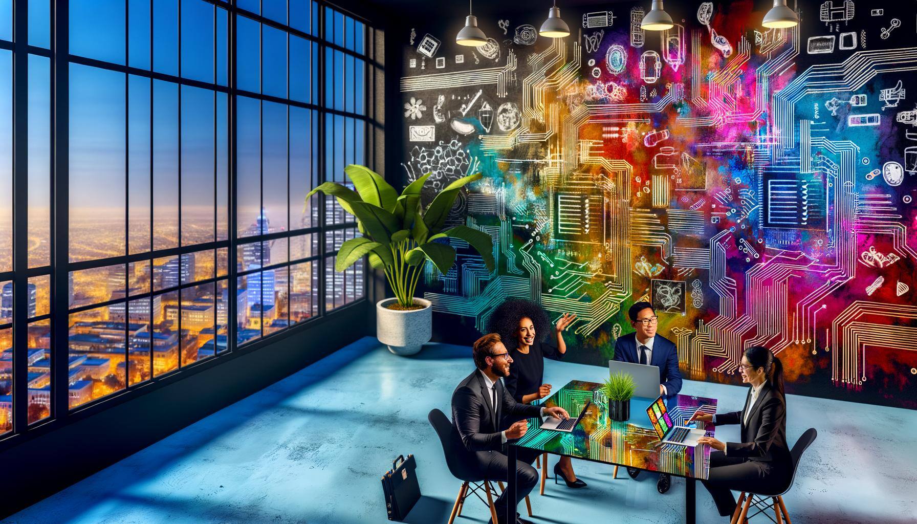 The image showcases a contemporary, brilliantly illuminated office space infused with exuberant non-representational artwork that intertwines elements