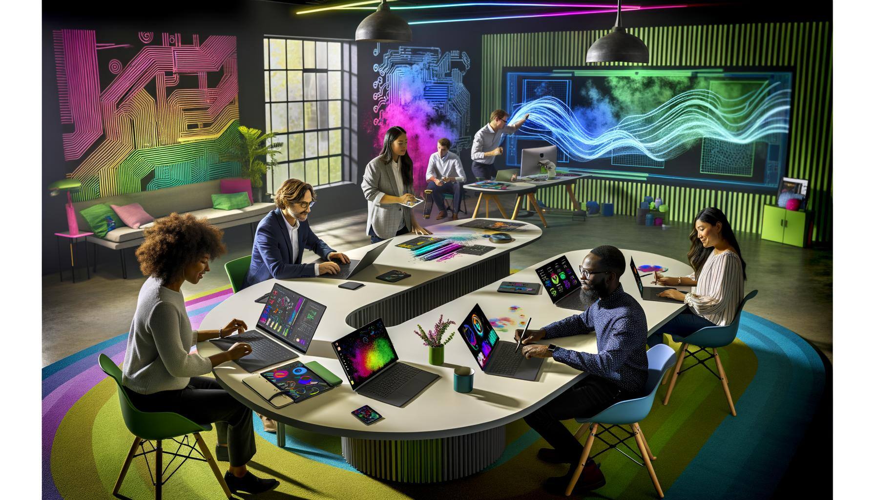 The image features a lively workspace where a collaborative team works. The team consists of a Hispanic woman, a Black man, a Caucasian man, and a Mid