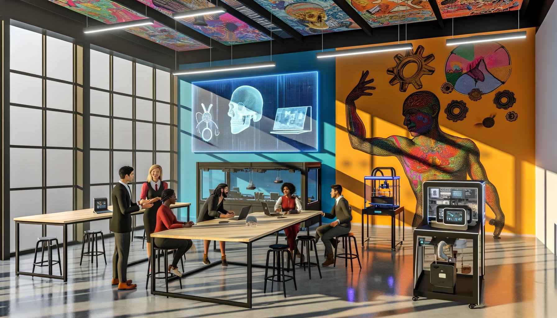 The image illustrates a contemporary workspace inside a tech-based company, boasting dynamic hues and lively artistry. Enormous digital interfaces ref