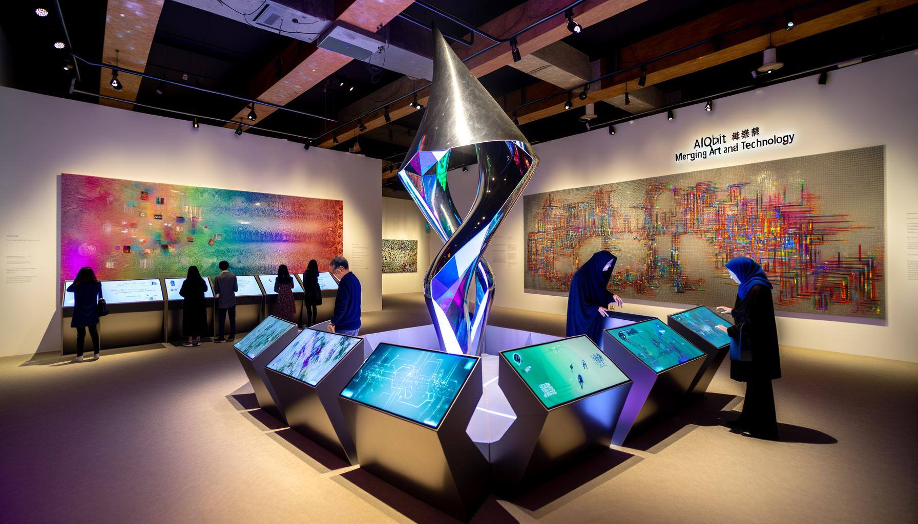 A contemporary art gallery is filled with large, colorful digital screens that display artworks fusing technology and creativity. A sleek, ultramodern