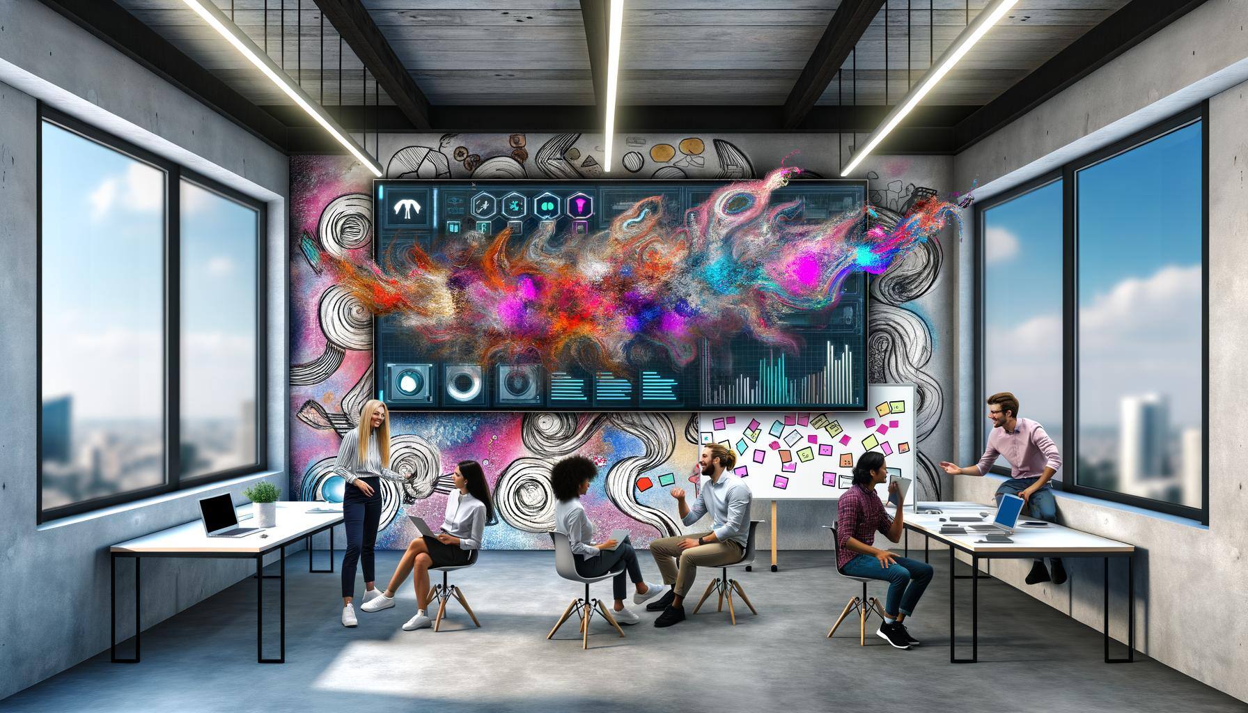 The artwork represents a contemporary workspace where a multiethnic team of experts including a female Caucasian IT specialist, a male Hispanic data a