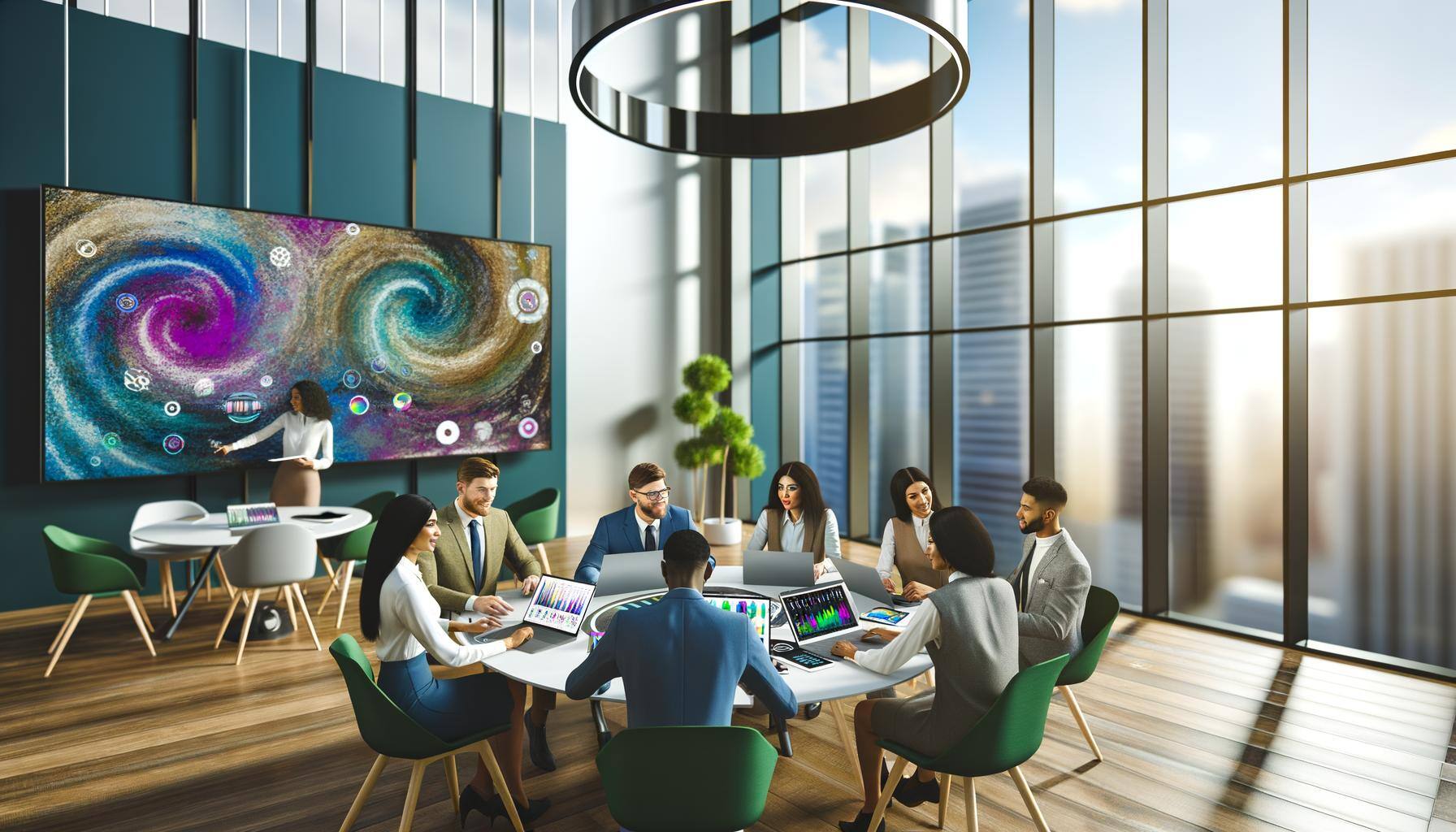 Depict a modern, well-lit office space with large windows that allow daylight to stream in. In the foreground, there"s a mixed gender group of profess