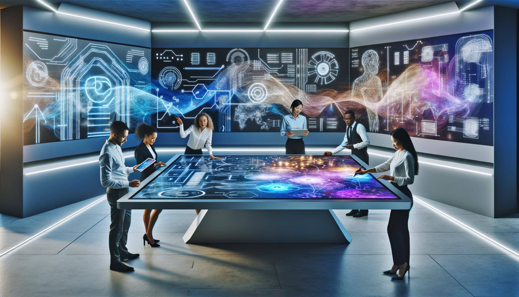 An energized, ultra-modern workspace is filled with smooth, futuristic devices and vivid digital screens that show complex data representations. In th