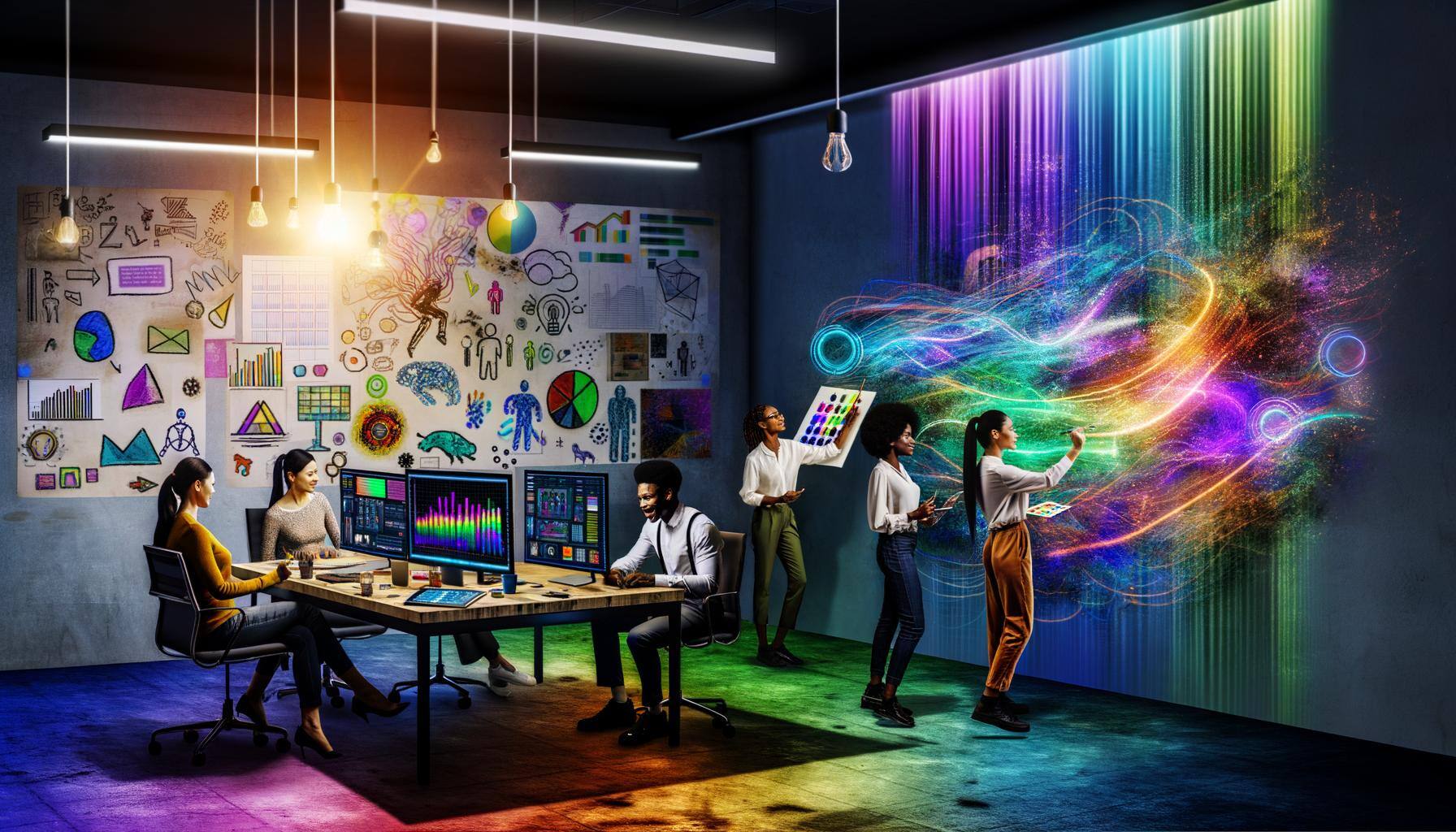 The image portrays a luminous workspace infused with a spectrum of colors. A large canvas graces the wall, its energetic palette representing the merg