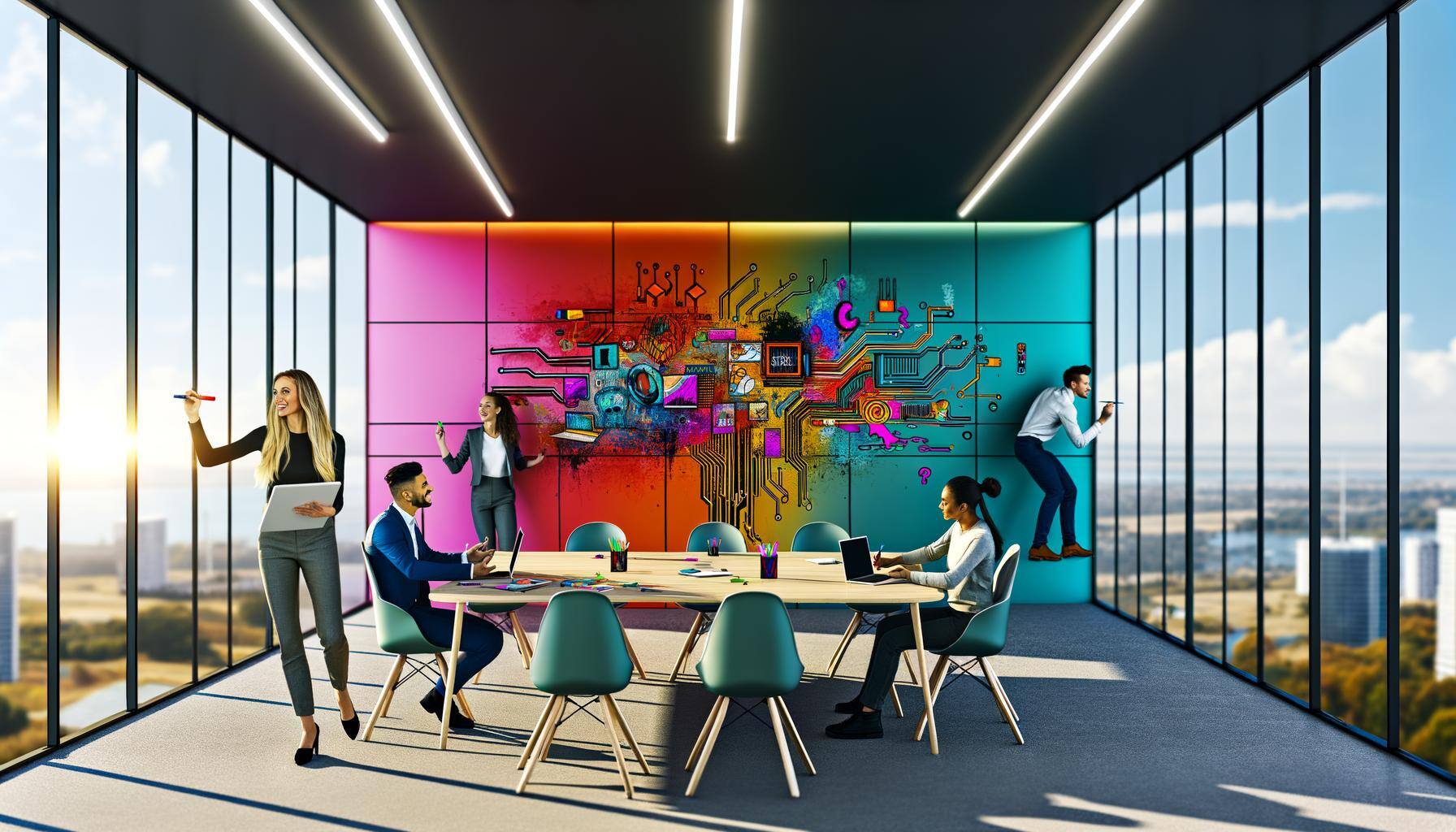 A contemporarily designed office space saturated with bright colors and artistic elements is seen in the image. In the forefront, a diverse set of pro