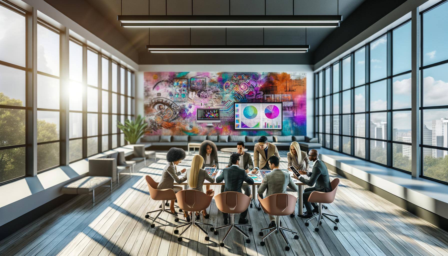 This image presents a contemporary office space with stylish furniture and wide windows that allow sunlight to seep in. At the forefront, we see a tea