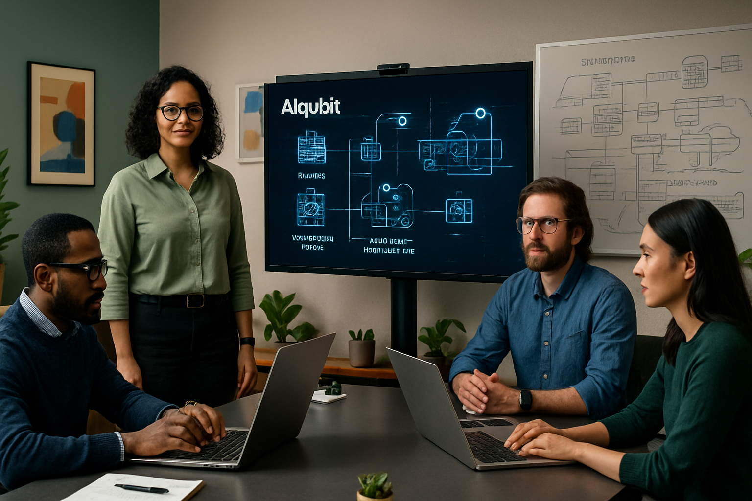 A modern office environment featuring a diverse team of IT professionals collaborating around a sleek conference table. In the foreground, a confident