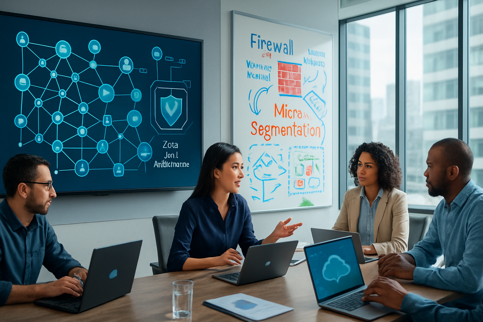 A modern, sleek office space showcasing a collaborative environment where a diverse team of IT professionals is engaged in strategic discussions. In t