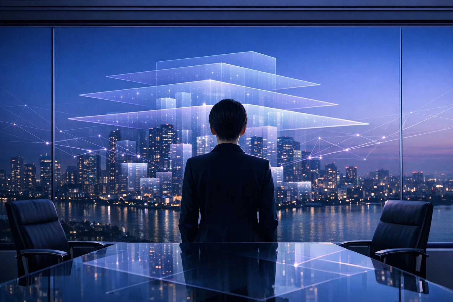 Photorealistic blue-hour cityscape viewed from a minimalist glass-walled boardroom. An androgynous executive, seen from behind with soft rim light (no