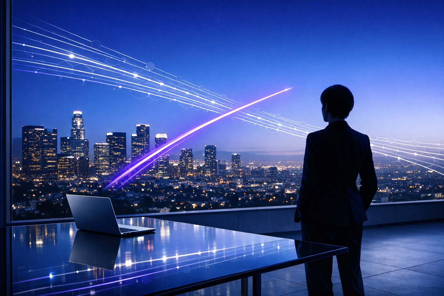 Photorealistic photography. A refined blue-hour cityscape seen from a minimalist rooftop boardroom: glass table, a single sleek laptop, and an androgy