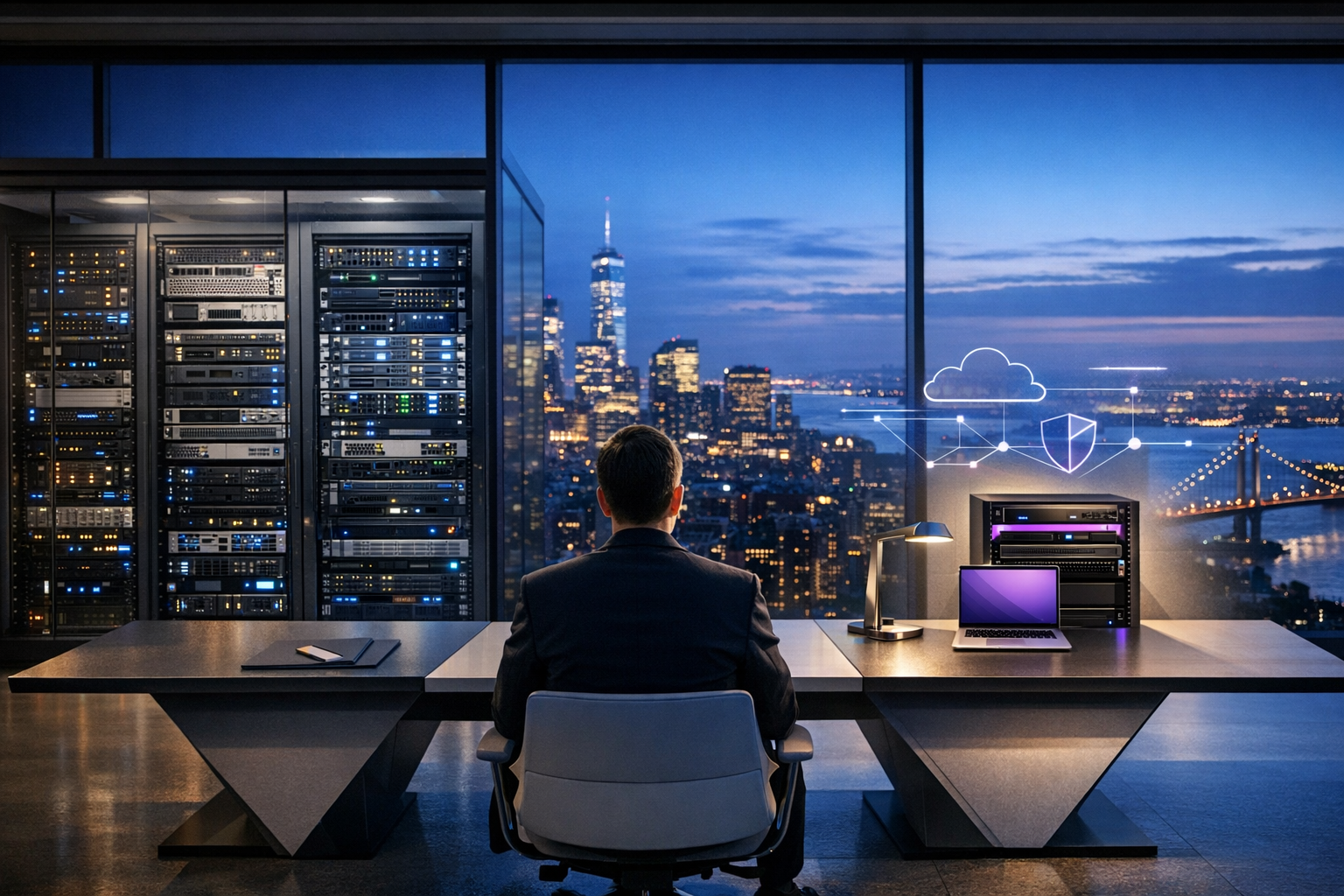 Photorealistic, premium cityscape at blue hour seen from a minimalist penthouse workspace. Foreground: a gender-neutral CIO figure viewed from behind,