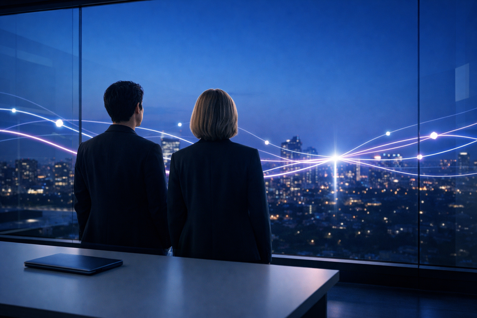 Photorealistic photography: a refined executive office with floor-to-ceiling glass overlooking a modern cityscape at blue hour. Two inclusive, gender-