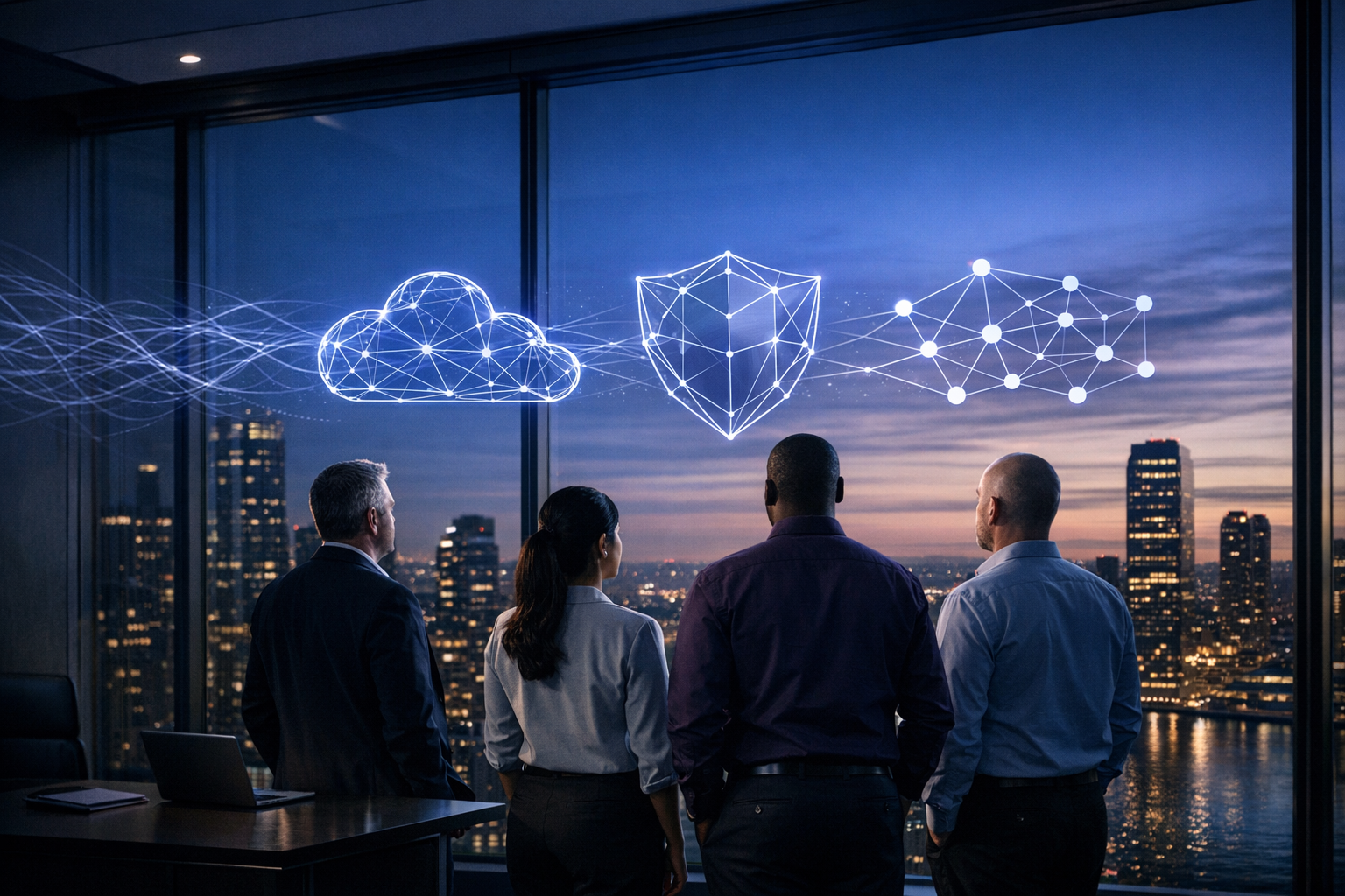 Photorealistic, high-end commercial photograph of a modern glass-walled executive office overlooking a refined cityscape at dusk. A small, inclusive t