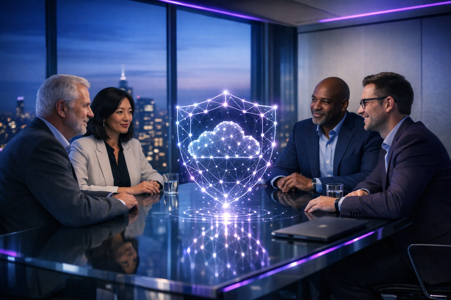 Photorealistic corporate scene: a minimalist glass-walled boardroom high above a refined, blue-hour cityscape. A small, diverse group of senior IT lea